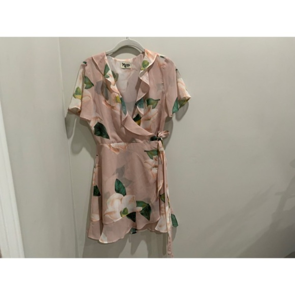 Show Me Your Mumu Pink Magnolia Floral Ruffle Wrap Mini Dress Small - Picture 3 of 17